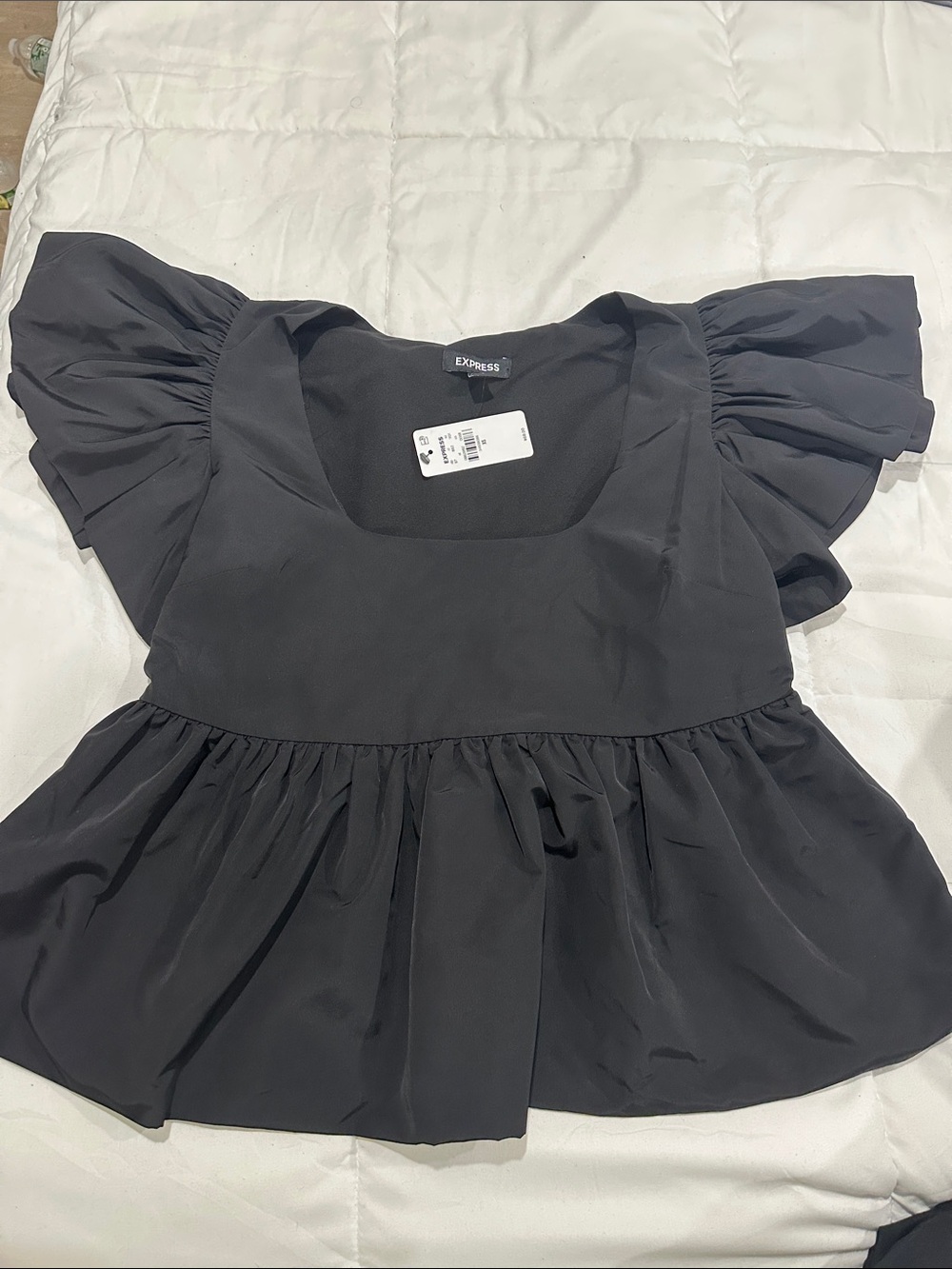 Express Black Square-Neck Peplum Blouse with Ruffle Sleeves